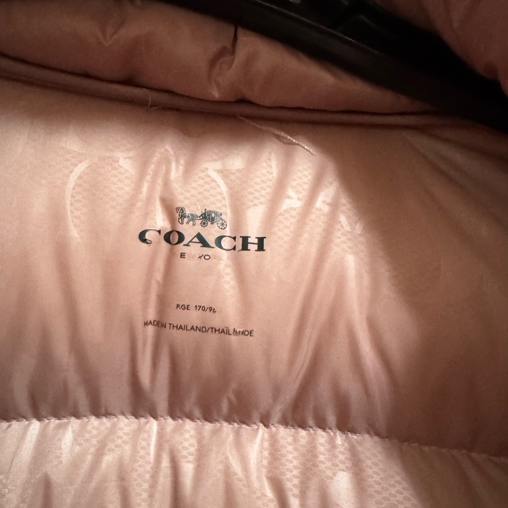 Coach Blush Pink Rose Quilted Long Slim Puffer Hooded Jacket size L - Picture 7 of 13